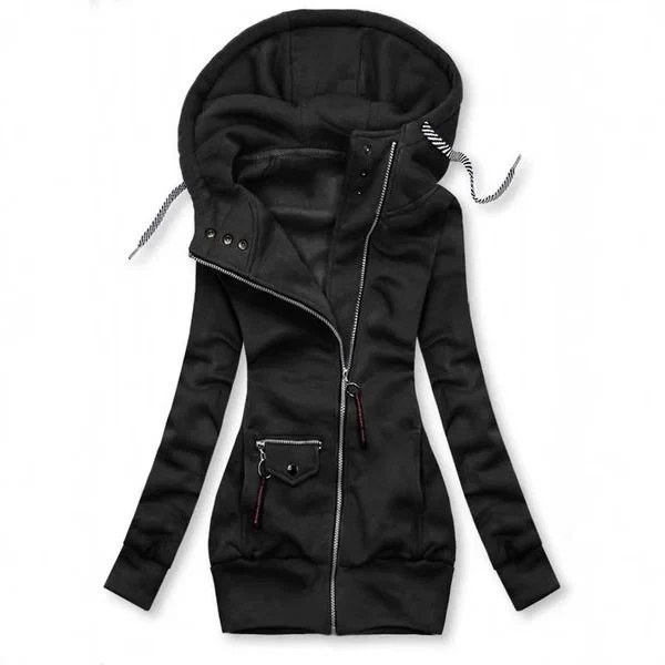 Damen Lange Kapuzenjacke mit asymmetrischem Reißverschluss und Zip‑Tasche Drune
