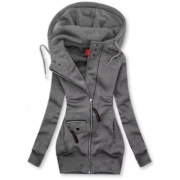 Damen Lange Kapuzenjacke mit asymmetrischem Reißverschluss und Zip‑Tasche Drune