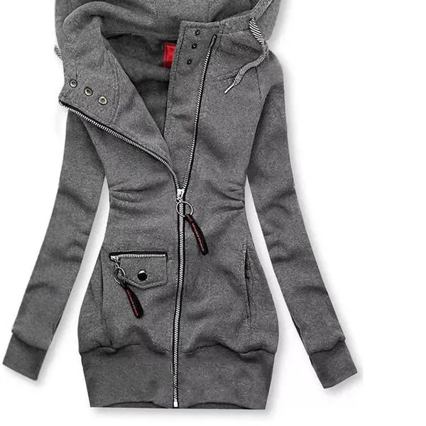 Damen Lange Kapuzenjacke mit asymmetrischem Reißverschluss und Zip‑Tasche Drune