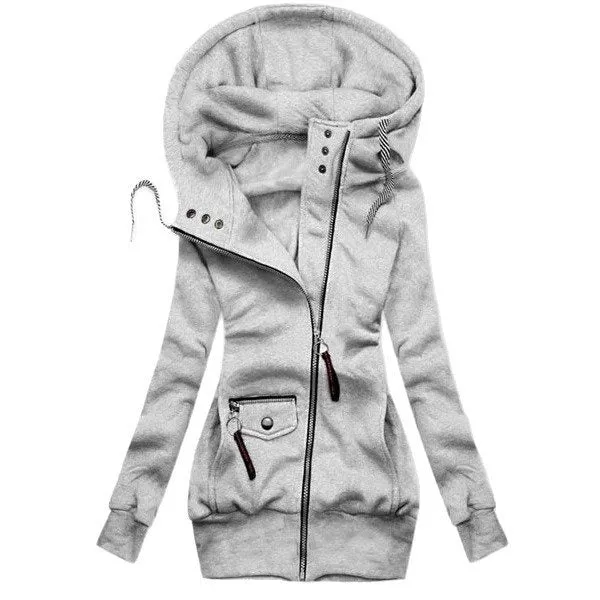 Damen Lange Kapuzenjacke mit asymmetrischem Reißverschluss und Zip‑Tasche Drune