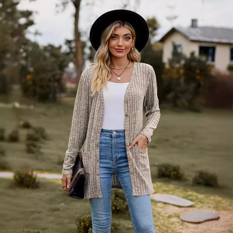 Damen Lang geschnittene Rippstrick‑Cardigan mit Knopfleiste und Eingrifftaschen Drune