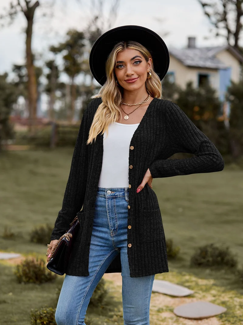 Damen Lang geschnittene Rippstrick‑Cardigan mit Knopfleiste und Eingrifftaschen Drune