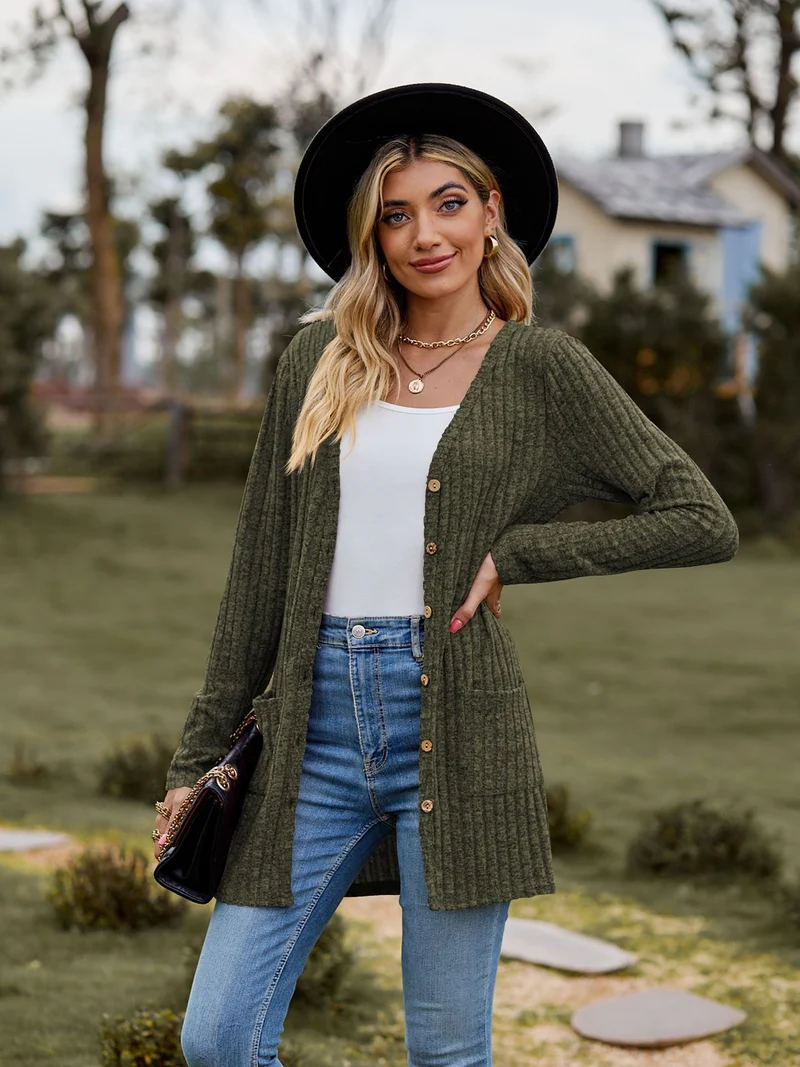 Damen Lang geschnittene Rippstrick‑Cardigan mit Knopfleiste und Eingrifftaschen Drune
