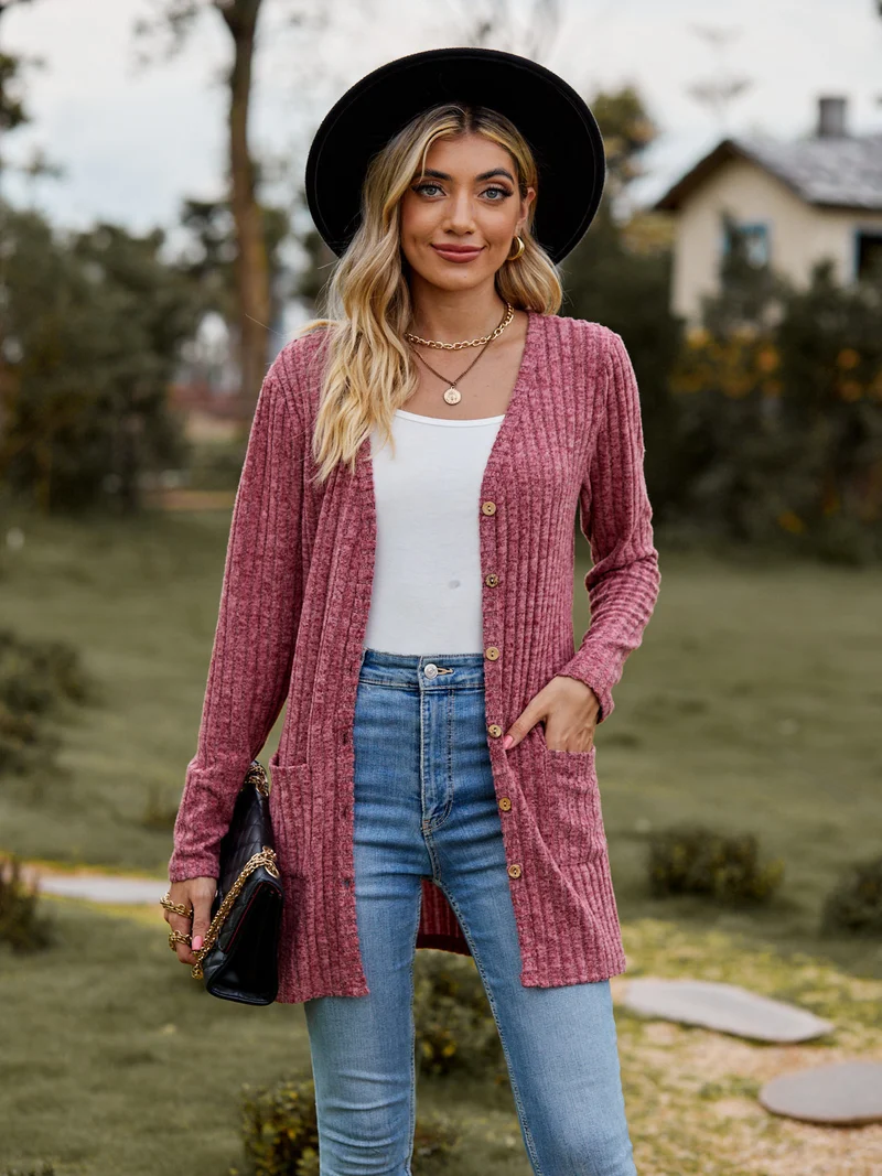 Damen Lang geschnittene Rippstrick‑Cardigan mit Knopfleiste und Eingrifftaschen Drune