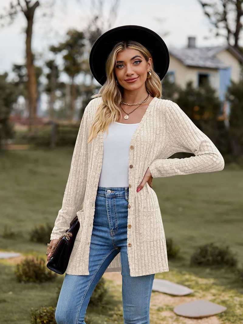 Damen Lang geschnittene Rippstrick‑Cardigan mit Knopfleiste und Eingrifftaschen Drune