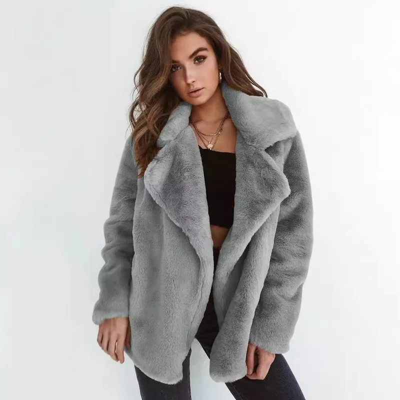 Damen Kuscheliger Oversized Kunstpelz-Mantel mit großem Reverskragen Drune