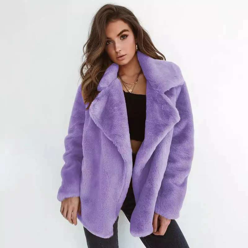 Damen Kuscheliger Oversized Kunstpelz-Mantel mit großem Reverskragen Drune