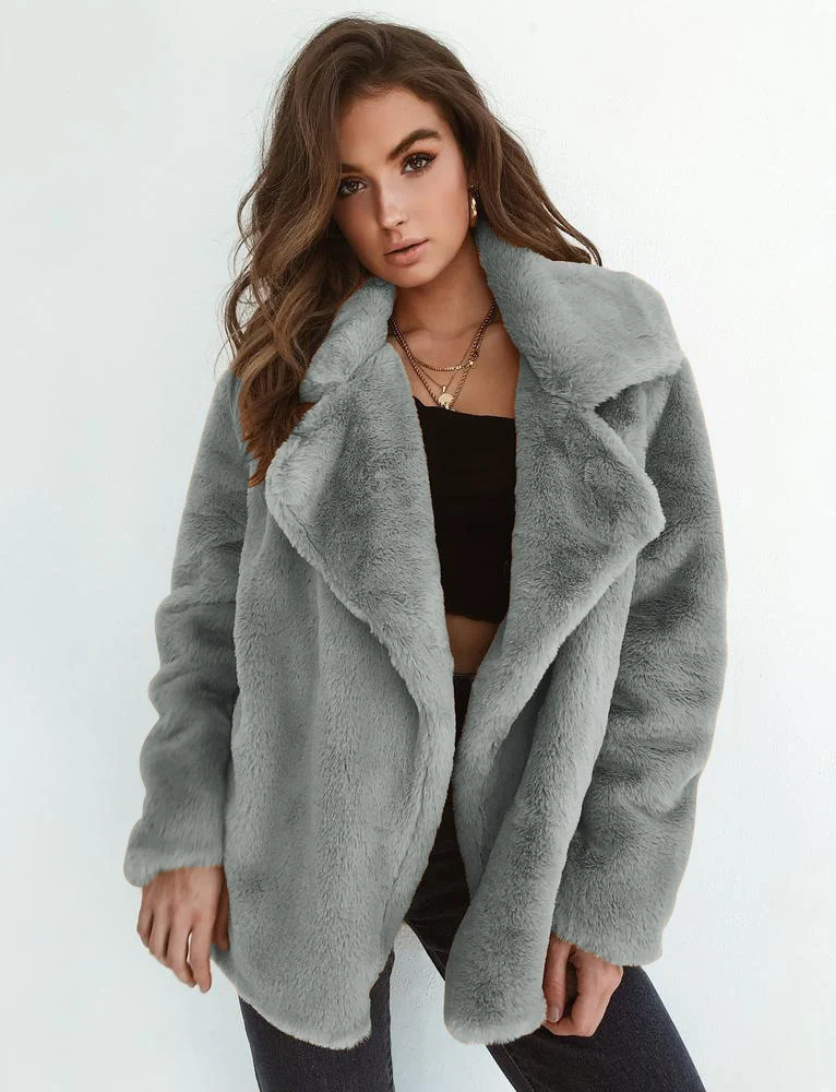 Damen Kuscheliger Oversized Kunstpelz-Mantel mit großem Reverskragen Drune