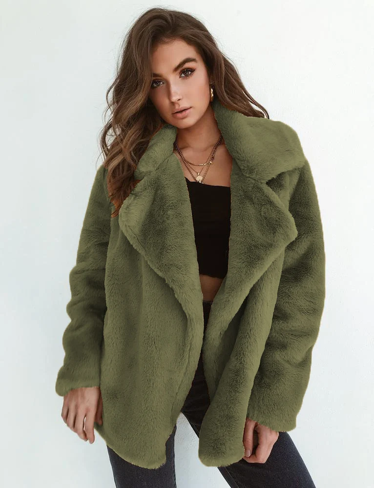 Damen Kuscheliger Oversized Kunstpelz-Mantel mit großem Reverskragen Drune