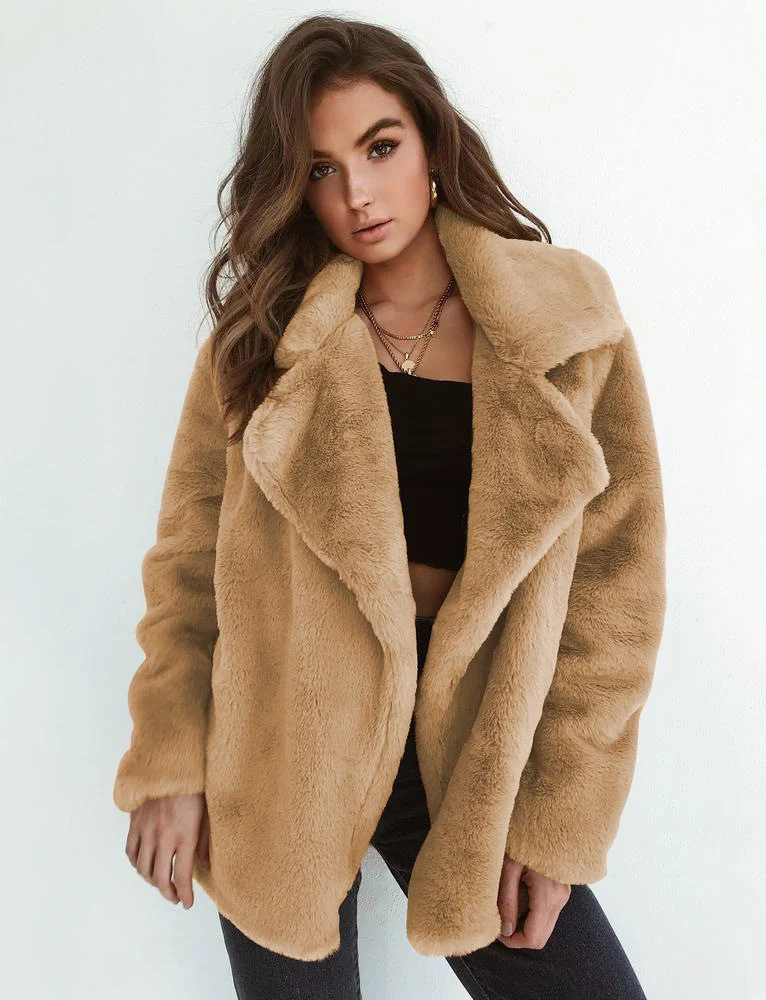 Damen Kuscheliger Oversized Kunstpelz-Mantel mit großem Reverskragen Drune