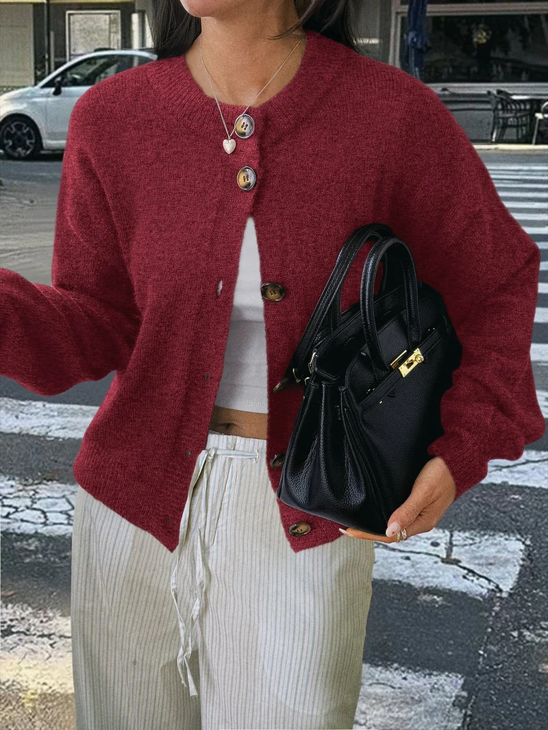 Damen kuschelige Strickjacke mit Oversize-Schnitt und Hornoptik-Knöpfen Drune