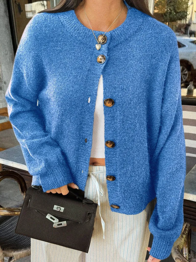 Damen kuschelige Strickjacke mit Oversize-Schnitt und Hornoptik-Knöpfen Drune