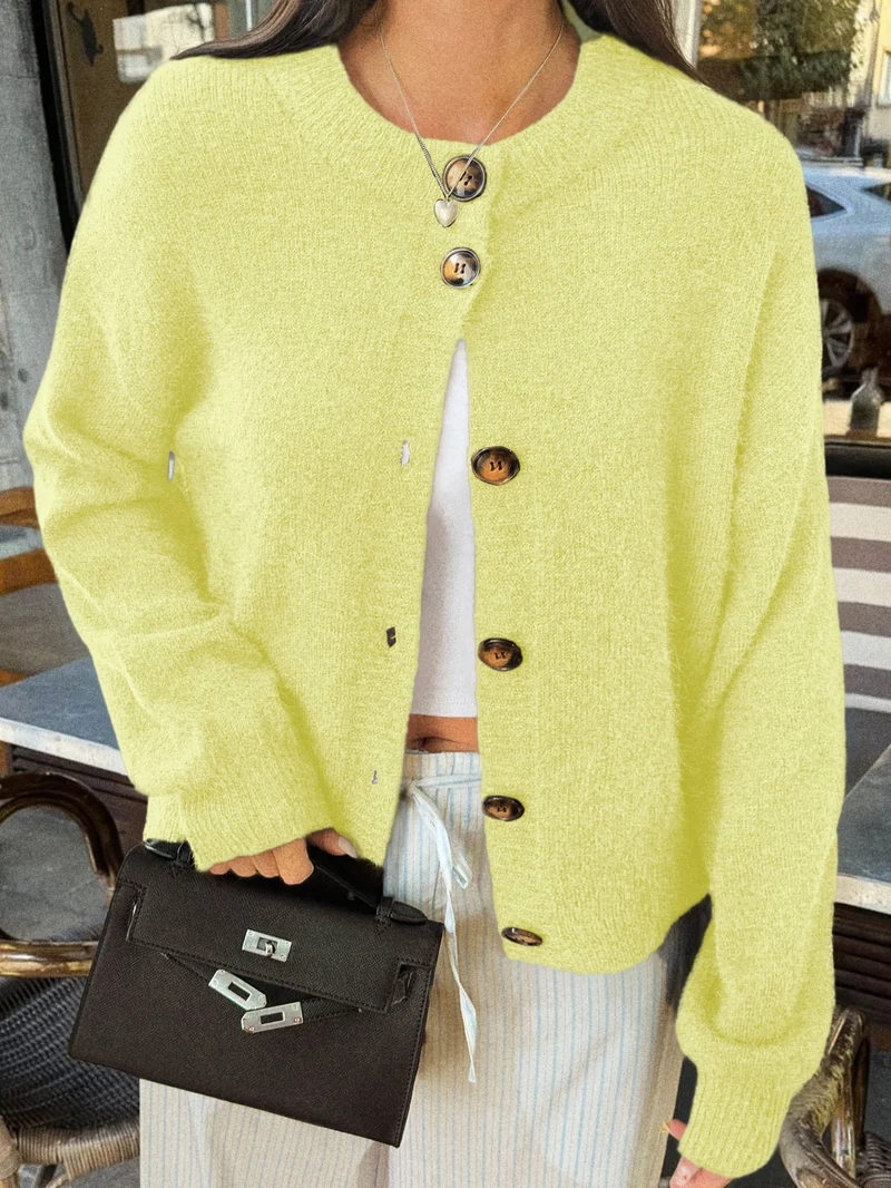 Damen kuschelige Strickjacke mit Oversize-Schnitt und Hornoptik-Knöpfen Drune