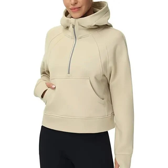 Damen Kurz geschnittener Kapuzenpullover mit halbem Reißverschluss und Kängurutasche Drune