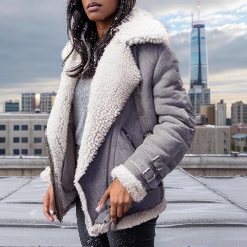Damen Kurz geschnittene Aviator-Lederjacke mit Teddyfell‑Futter und Reißverschlussdetails Drune