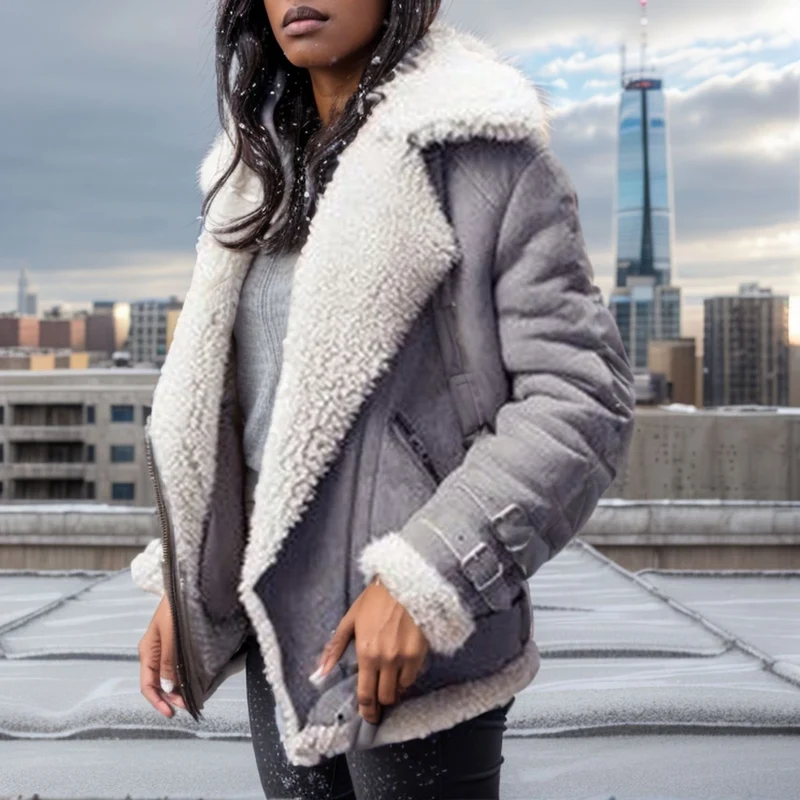 Damen Kurz geschnittene Aviator-Lederjacke mit Teddyfell‑Futter und Reißverschlussdetails Drune