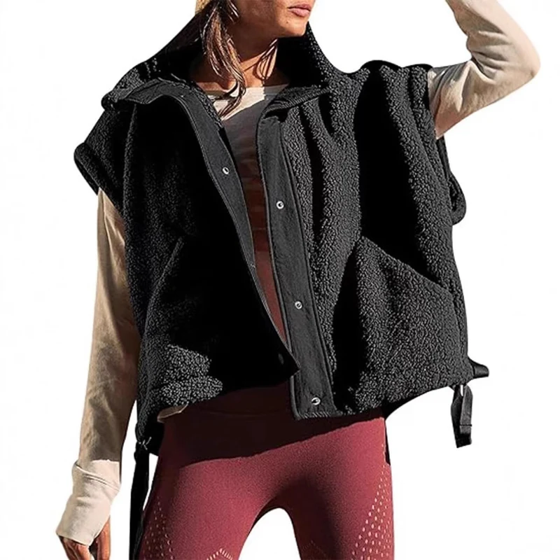 Damen Übergroße Teddyfleece-Weste mit Kapuze und Druckknöpfen Drune