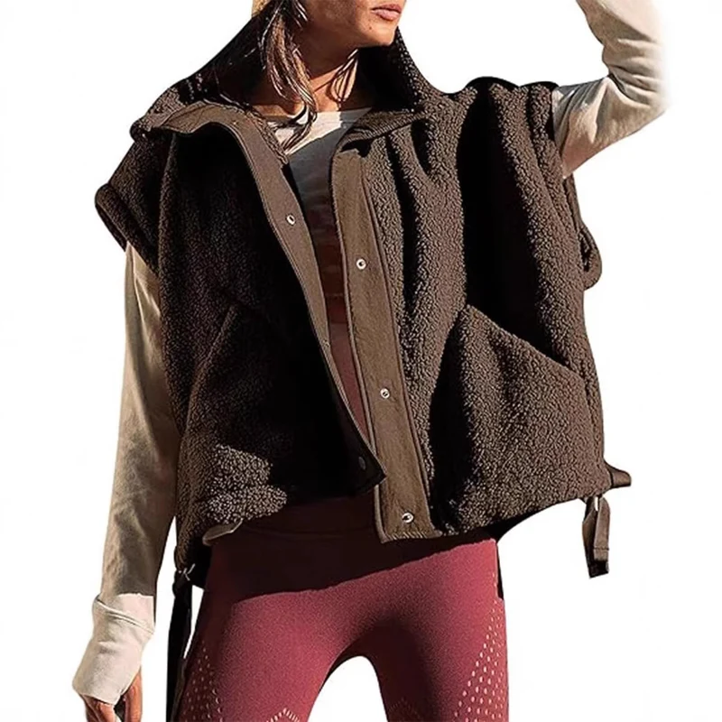 Damen Übergroße Teddyfleece-Weste mit Kapuze und Druckknöpfen Drune