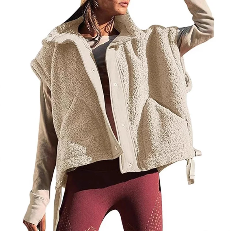 Damen Übergroße Teddyfleece-Weste mit Kapuze und Druckknöpfen Drune