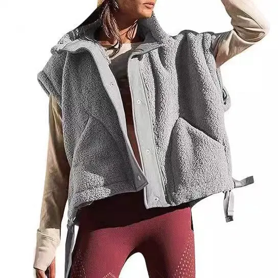 Damen Übergroße Teddyfleece-Weste mit Kapuze und Druckknöpfen Drune