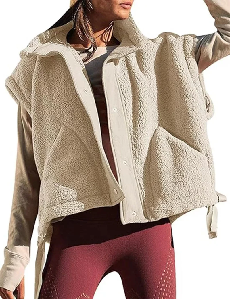 Damen Übergroße Teddyfleece-Weste mit Kapuze und Druckknöpfen Drune