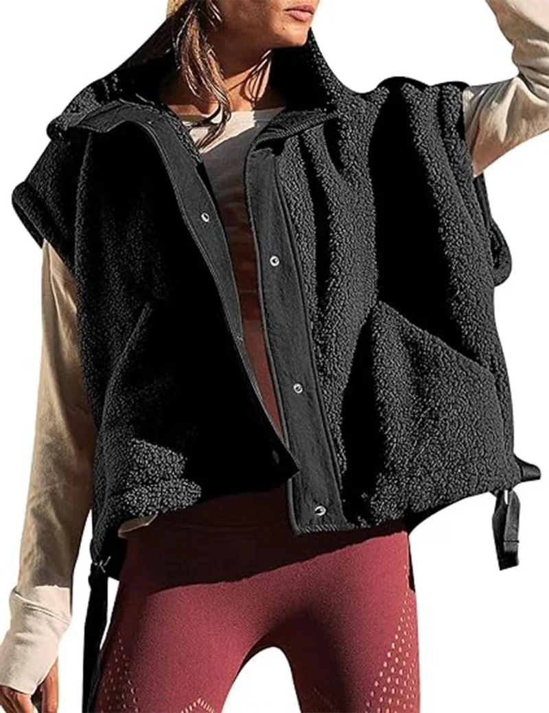 Damen Übergroße Teddyfleece-Weste mit Kapuze und Druckknöpfen Drune