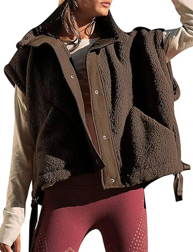 Damen Übergroße Teddyfleece-Weste mit Kapuze und Druckknöpfen Drune
