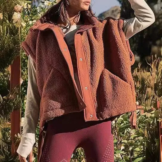 Damen Übergroße Teddyfleece-Weste mit Kapuze und Druckknöpfen Drune