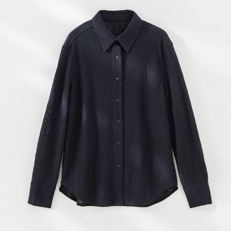 Damen Texturierte Oversize-Hemdbluse mit Hemdkragen und Manschetten Drune