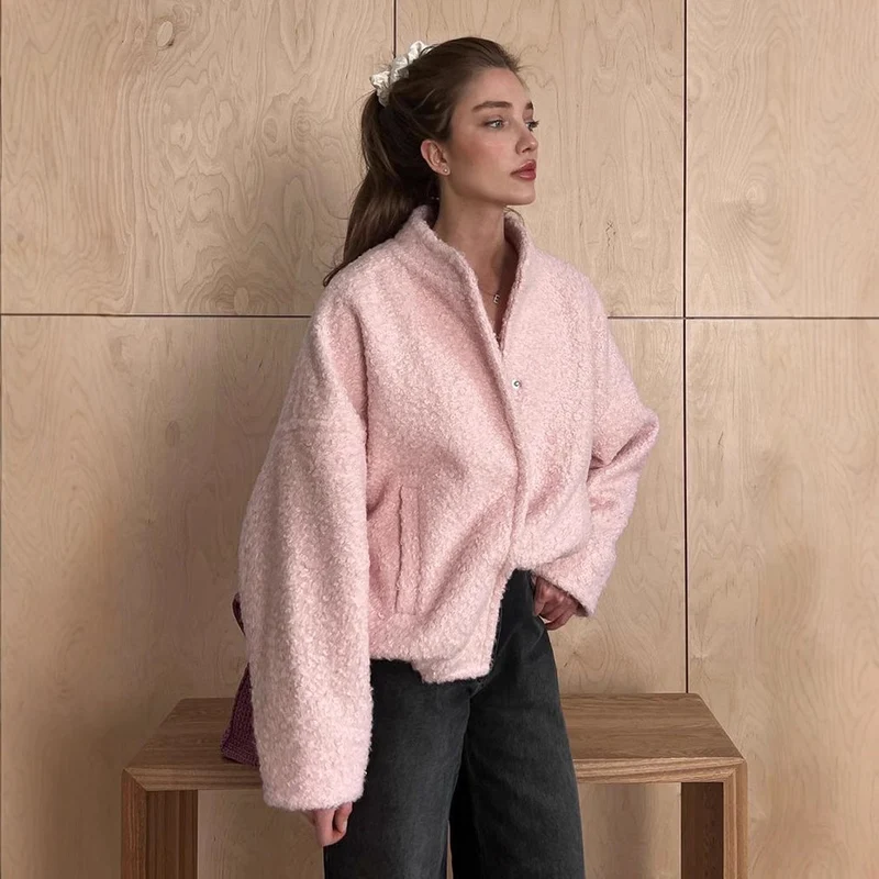 Damen Teddyjacke im Bouclé‑Look mit Rundhals, Oversized‑Passform und Eingrifftaschen Drune