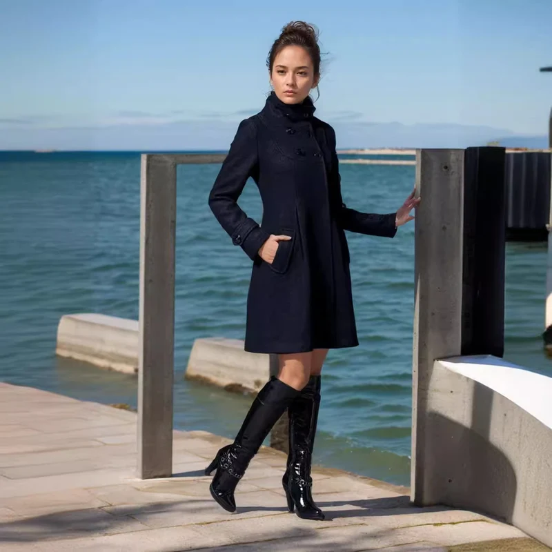Damen Taillierter Wollmix-Mantel mit hohem Stehkragen und A-Linien-Silhouette Drune