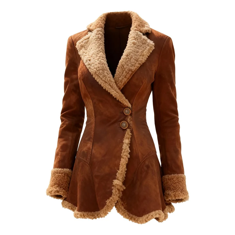 Damen Taillierter Wildleder‑Imitat‑Mantel mit Teddyfutter und ausgestelltem Saum Drune