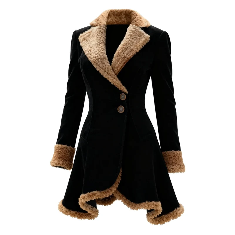 Damen Taillierter Wildleder‑Imitat‑Mantel mit Teddyfutter und ausgestelltem Saum Drune