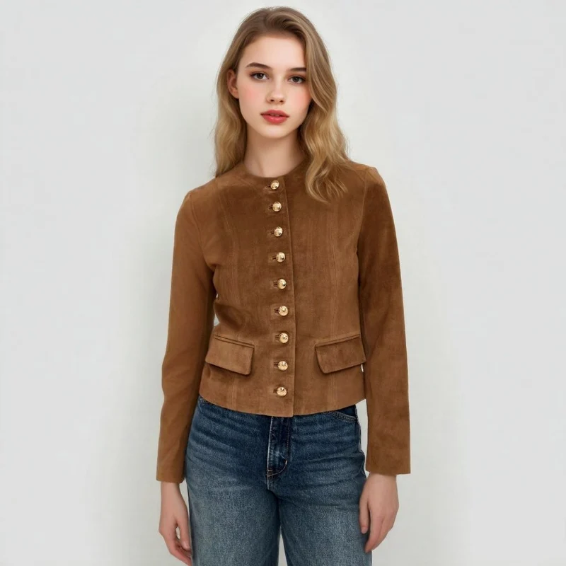 Damen Taillierte Wildlederoptik‑Jacke mit Stehkragen und Zierknopfleiste Drune