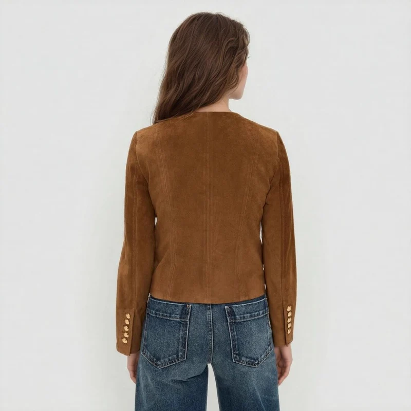 Damen Taillierte Wildlederoptik‑Jacke mit Stehkragen und Zierknopfleiste Drune