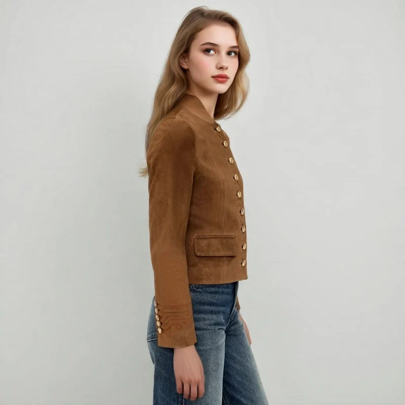 Damen Taillierte Wildlederoptik‑Jacke mit Stehkragen und Zierknopfleiste Drune