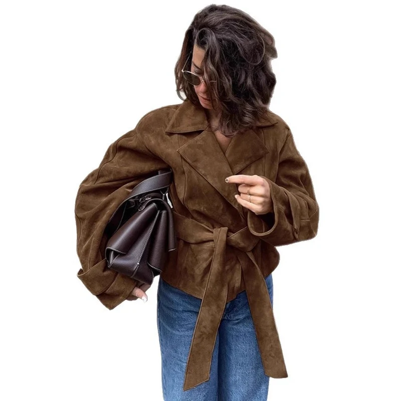Damen Taillierte Wildleder‑Optik Kurzjacke mit Wickelgürtel und langen Manschetten Drune