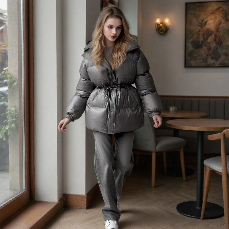 Damen Taillierte Steppjacke in Daunenoptik mit Tunnelzug und Kapuze Drune