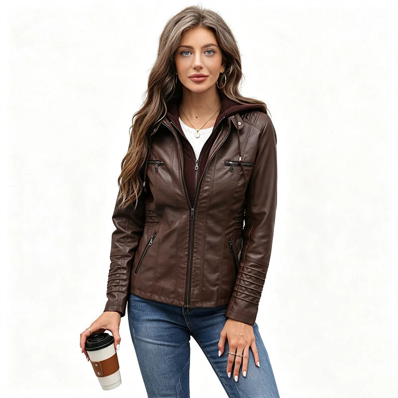 Damen Taillierte Kunstlederjacke mit abnehmbarer Kapuze und Reißverschluss Drune
