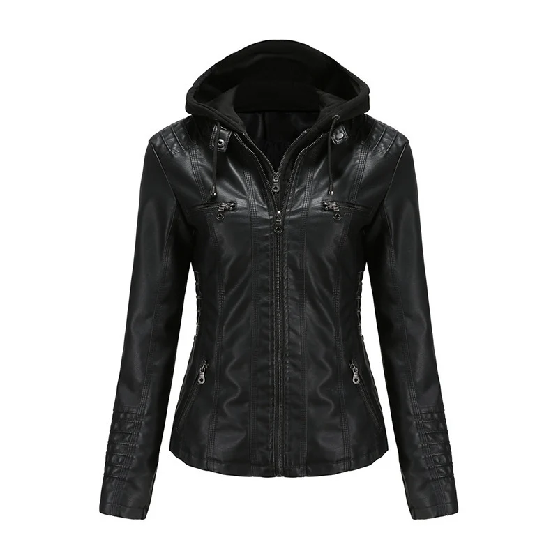 Damen Taillierte Kunstlederjacke mit abnehmbarer Kapuze und Reißverschluss Drune