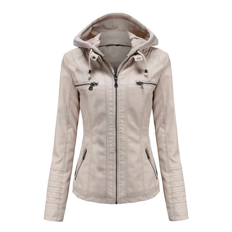 Damen Taillierte Kunstlederjacke mit abnehmbarer Kapuze und Reißverschluss Drune
