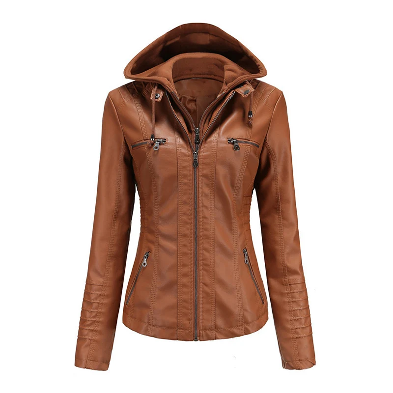 Damen Taillierte Kunstlederjacke mit abnehmbarer Kapuze und Reißverschluss Drune