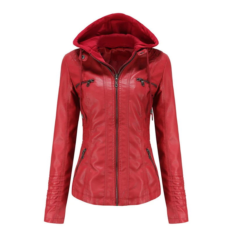 Damen Taillierte Kunstlederjacke mit abnehmbarer Kapuze und Reißverschluss Drune