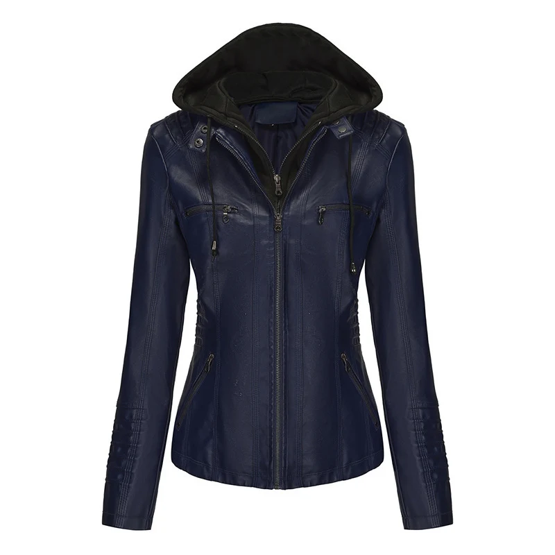 Damen Taillierte Kunstlederjacke mit abnehmbarer Kapuze und Reißverschluss Drune