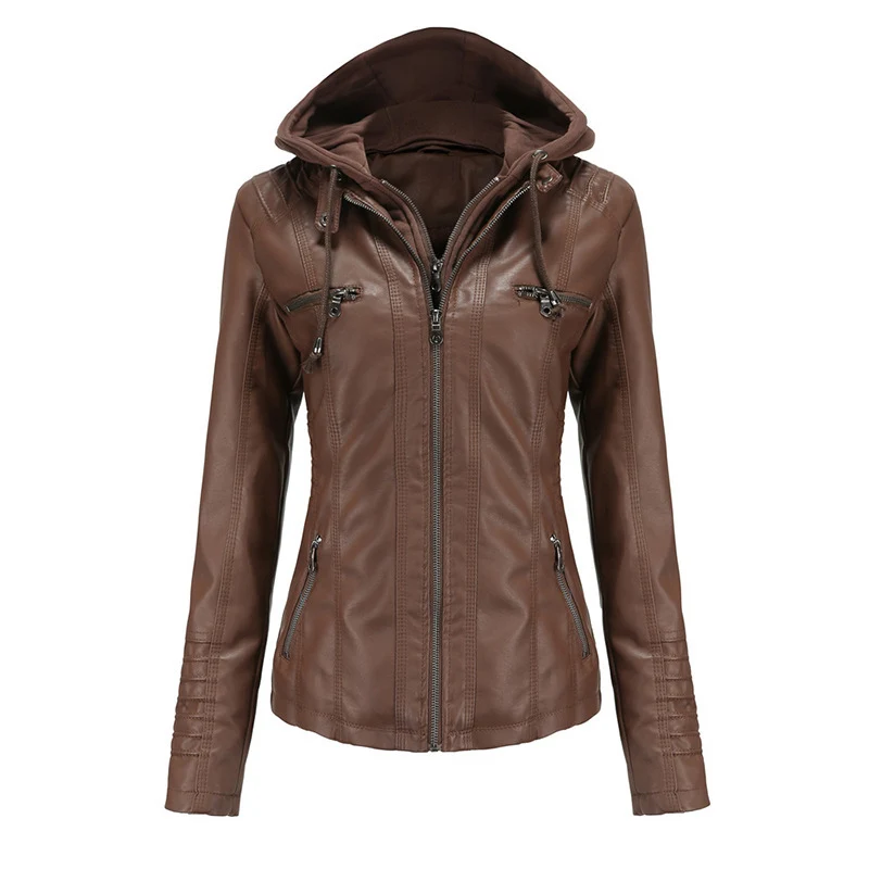 Damen Taillierte Kunstlederjacke mit abnehmbarer Kapuze und Reißverschluss Drune