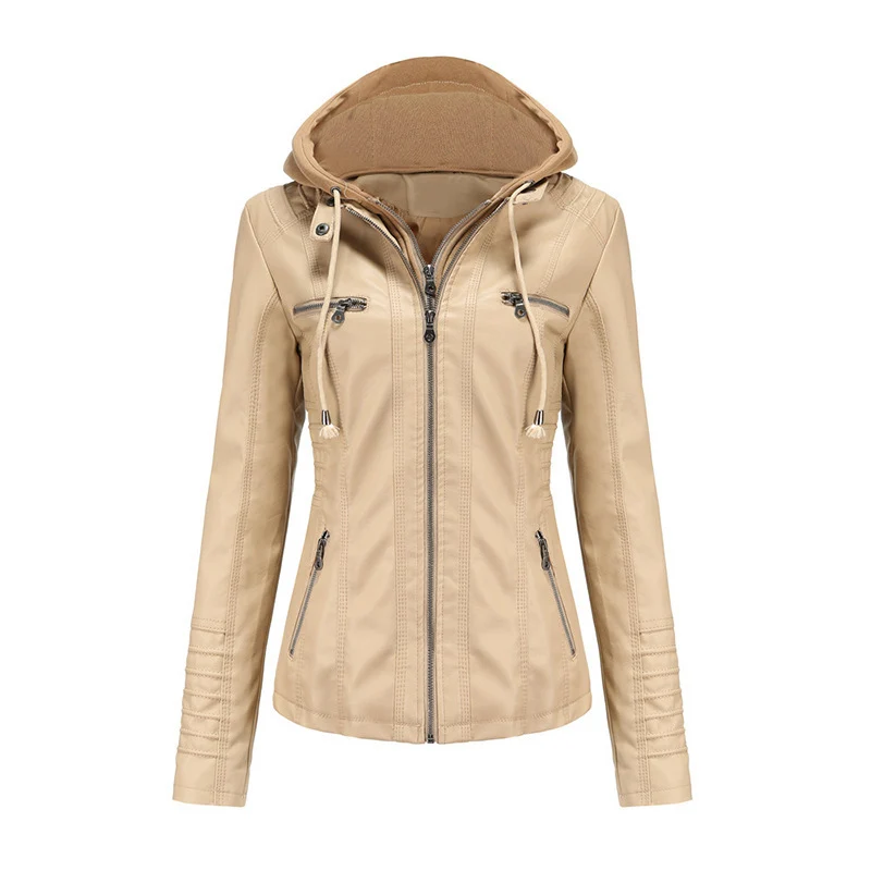 Damen Taillierte Kunstlederjacke mit abnehmbarer Kapuze und Reißverschluss Drune