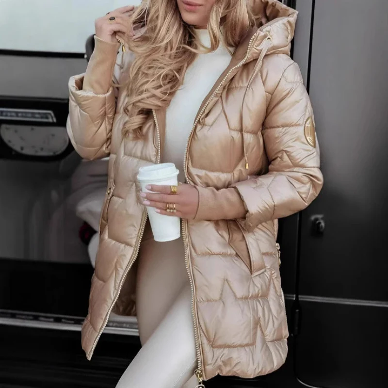 Damen Steppmantel Mid-Length mit Kapuze, wattierter Thermofüllung und taillierter Silhouette Drune