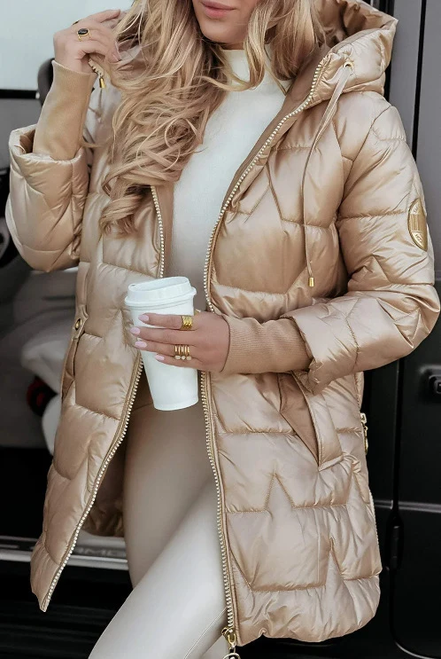 Damen Steppmantel Mid-Length mit Kapuze, wattierter Thermofüllung und taillierter Silhouette Drune