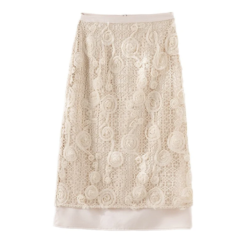 Damen Spitzen-Midirock mit floraler Häkelspitze und blickdichtem Futter Drune