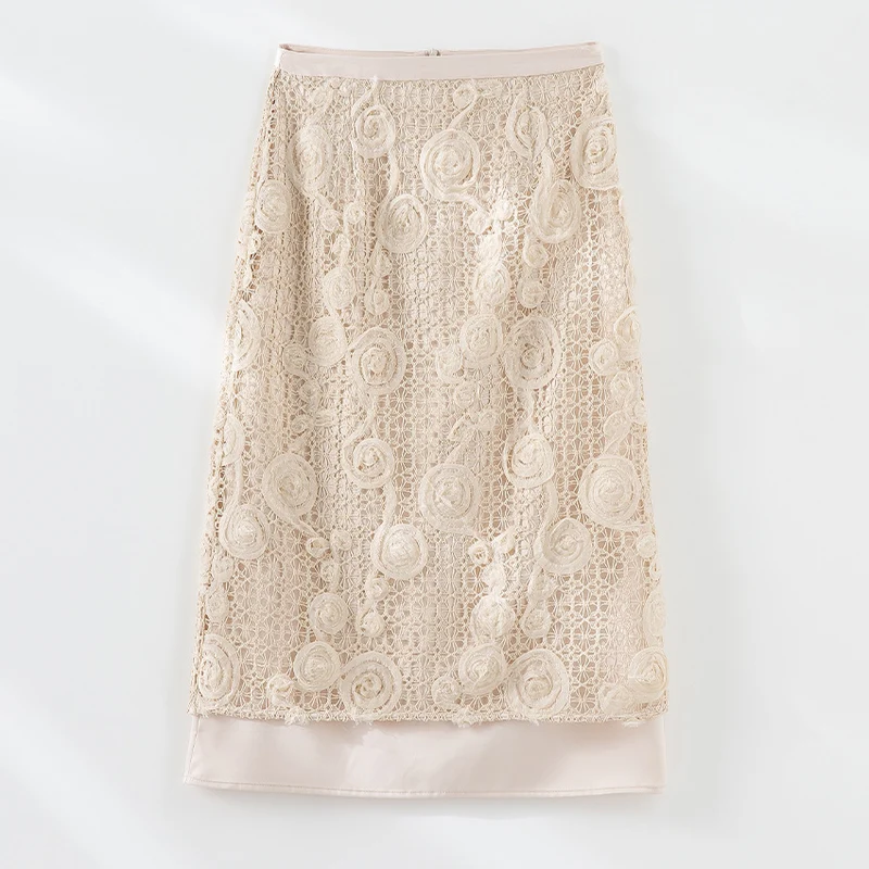 Damen Spitzen-Midirock mit floraler Häkelspitze und blickdichtem Futter Drune